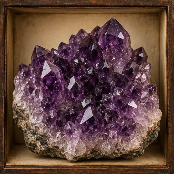 Amethyst specimen in a Victorian apothecary setting