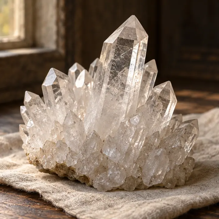 Clear Quartz specimen in a Victorian apothecary setting