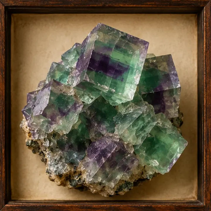 Fluorite specimen in a Victorian apothecary setting