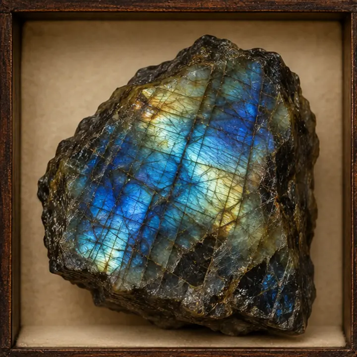 Labradorite specimen in a Victorian apothecary setting