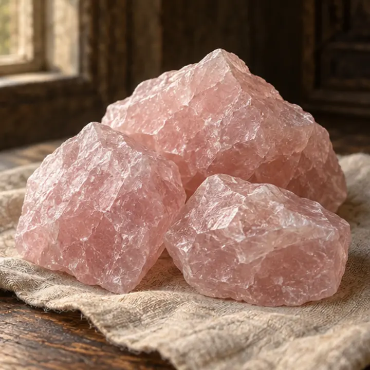 Rose Quartz specimen in a Victorian apothecary setting