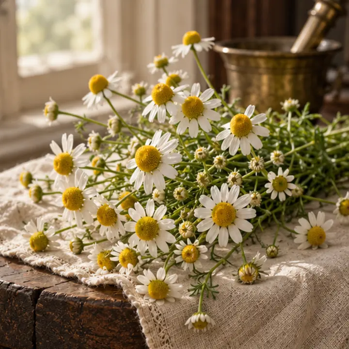 Chamomile specimen in a Victorian apothecary setting