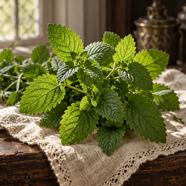 Lemon Balm specimen in a Victorian apothecary setting