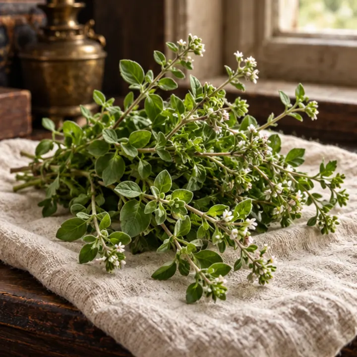 Marjoram specimen in a Victorian apothecary setting