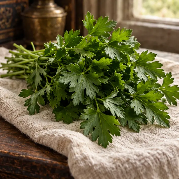 Parsley specimen in a Victorian apothecary setting