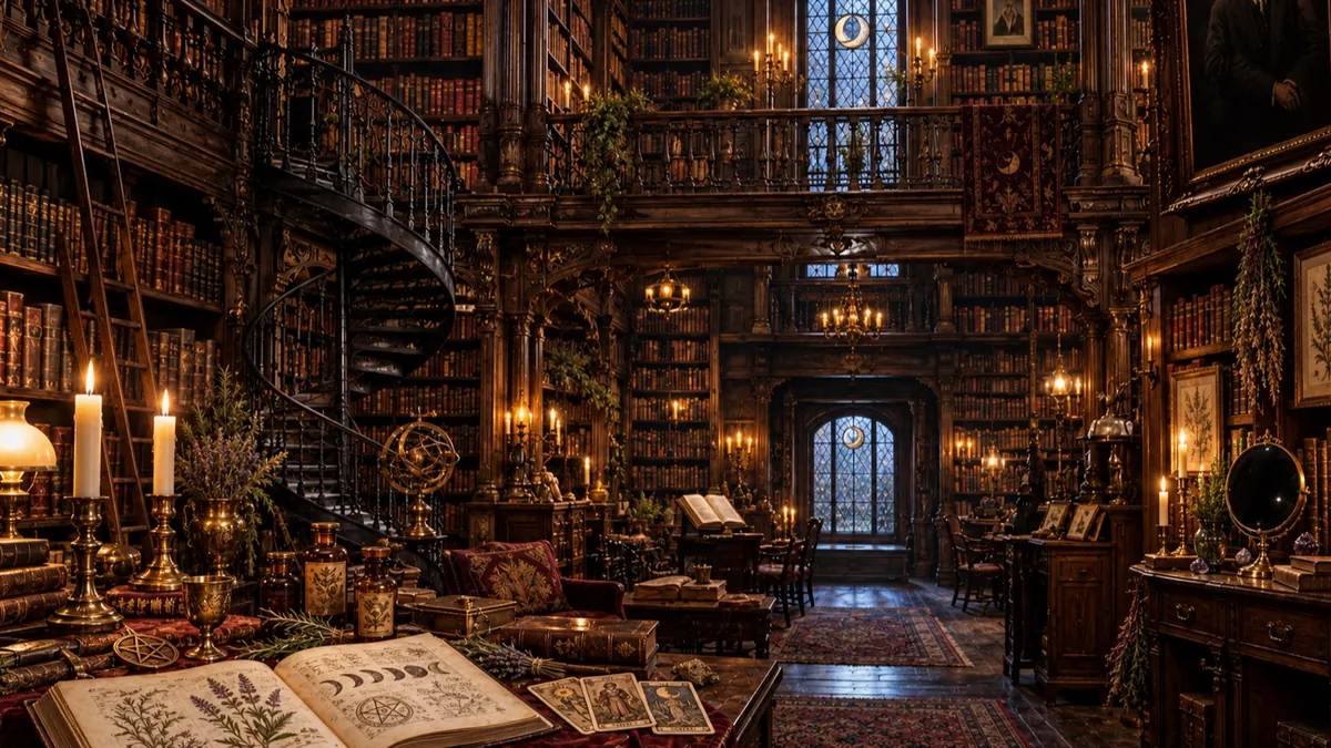 A candlelit library with tall shelves of old books and open volumes on the tables