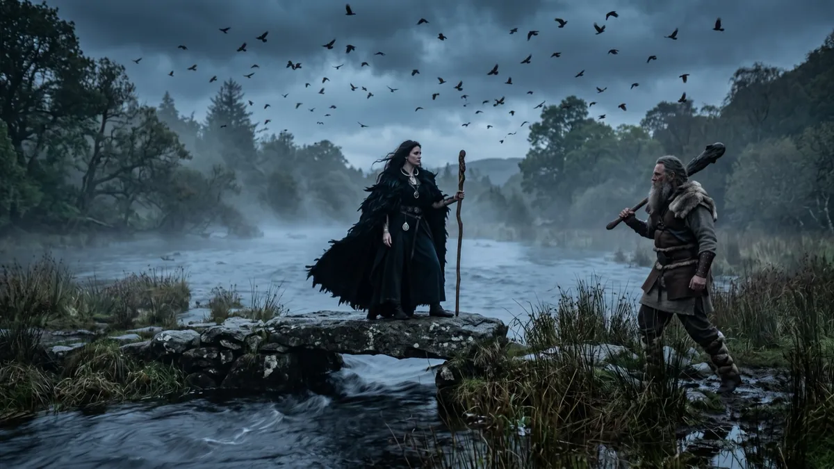 Cloaked figures crossing a misty river at dusk