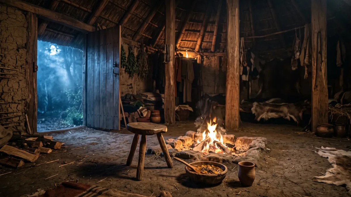 An old cottage hearth fire with the door open to the blue night