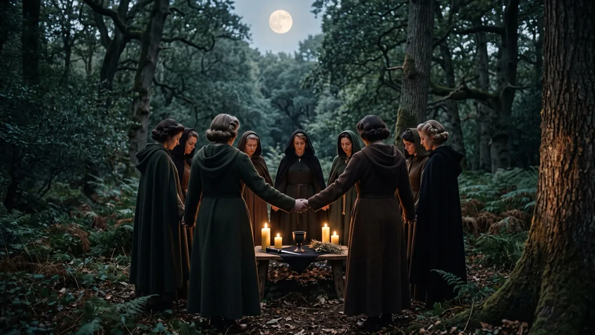 A robed circle of people holding hands around candles in a moonlit forest