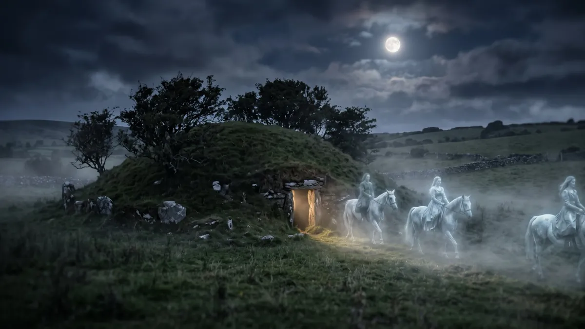 Ghostly riders on pale horses passing a fairy mound under the moon