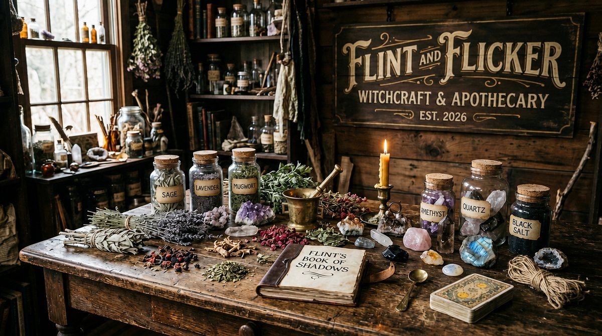 Herbs and crystals arranged for ritual