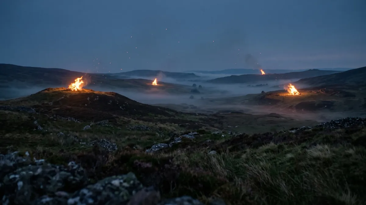 Bonfires burning on distant hilltops at dusk