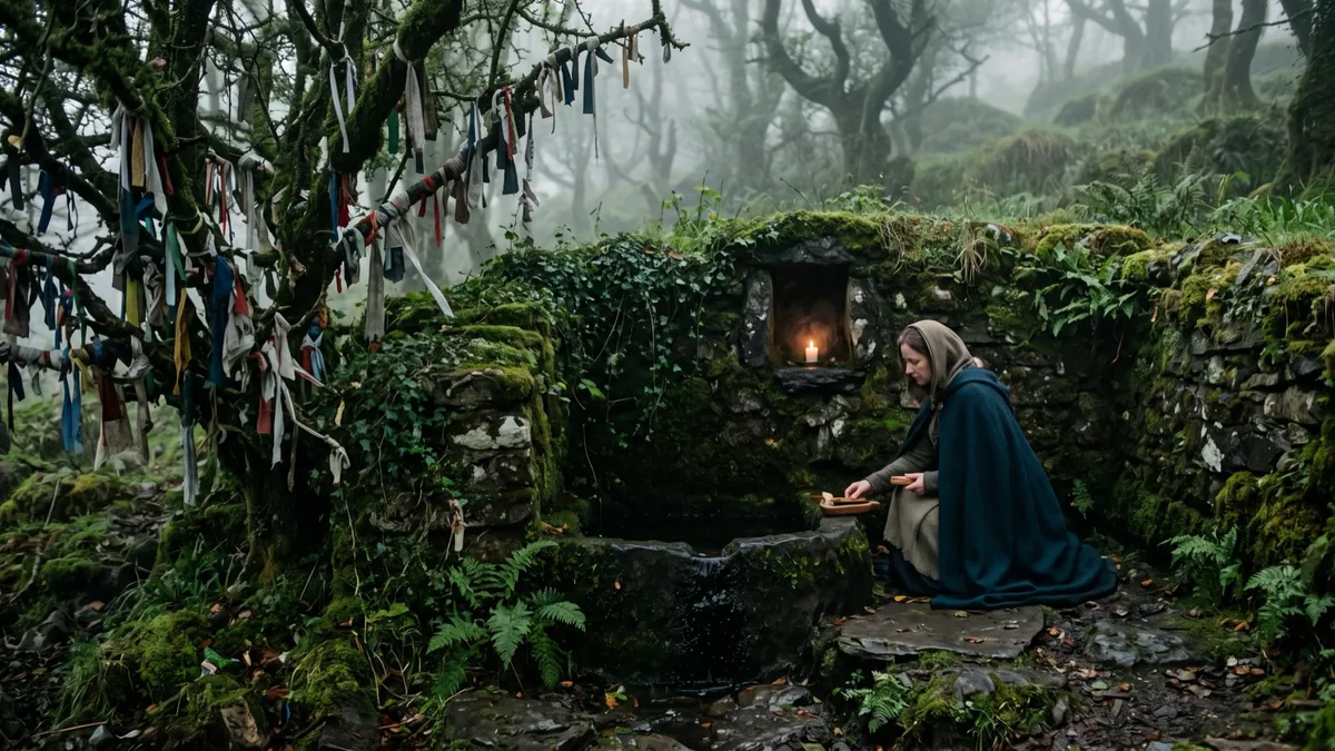A cloaked woman leaving an offering at a mossy stone shrine in a misty forest hung with ribbons