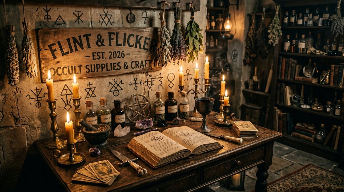 An altar table with candles, herbs, a pentacle, an open book of shadows and tarot cards