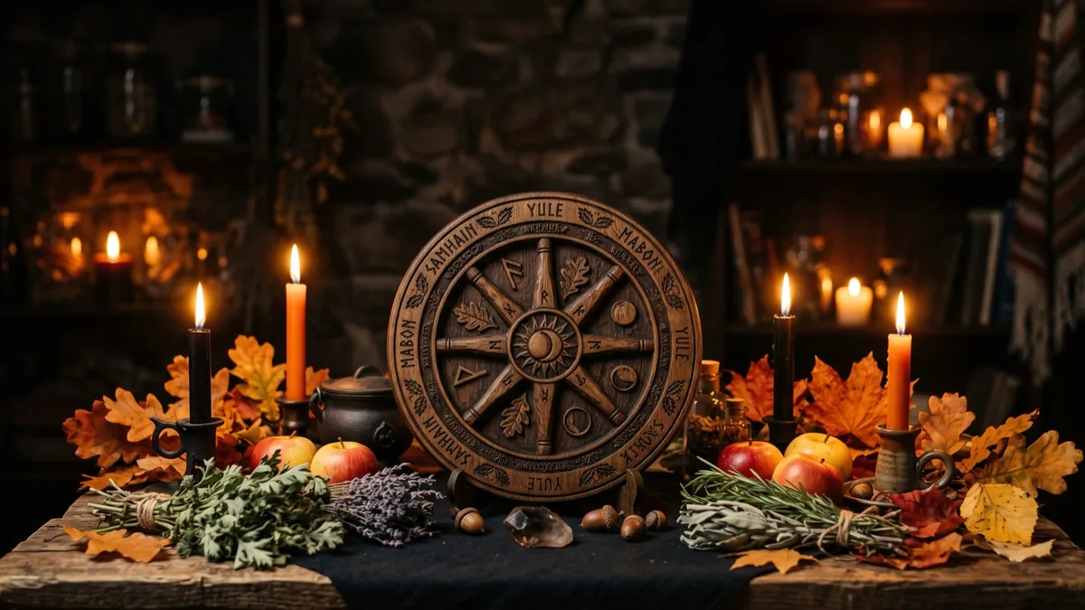 A Samhain altar with a carved Wheel of the Year, candles, apples and autumn leaves
