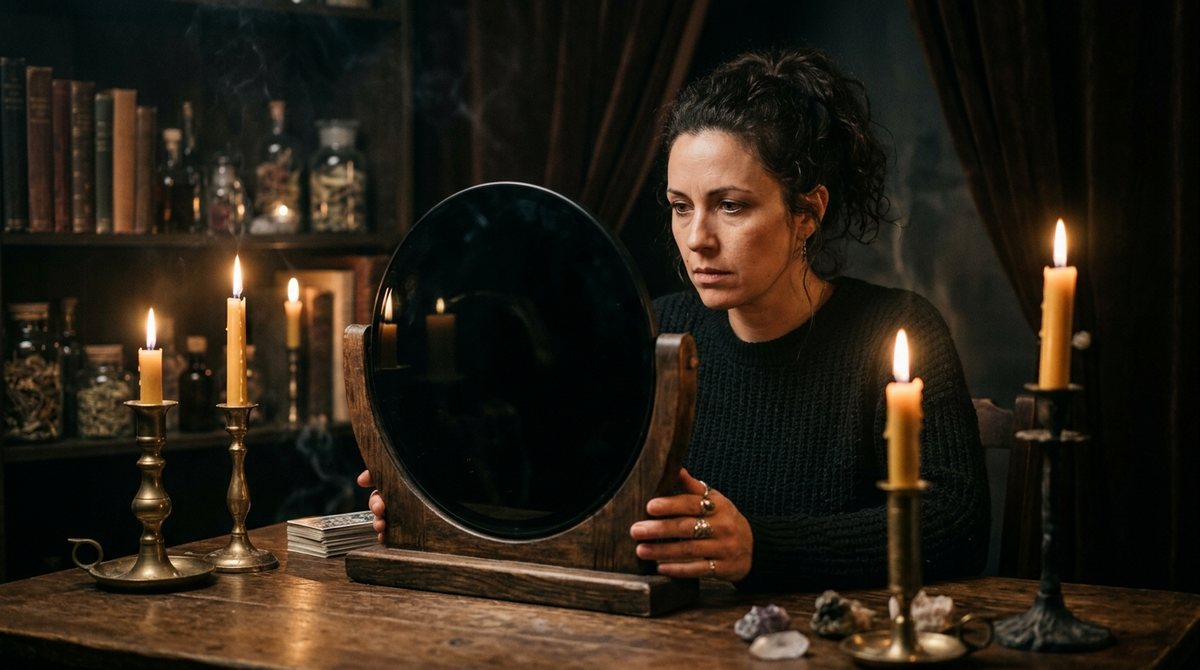 A woman gazing into a black scrying mirror by candlelight