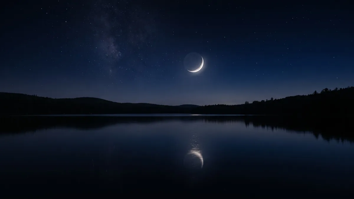 A dark night sky with the faintest trace of a crescent moon