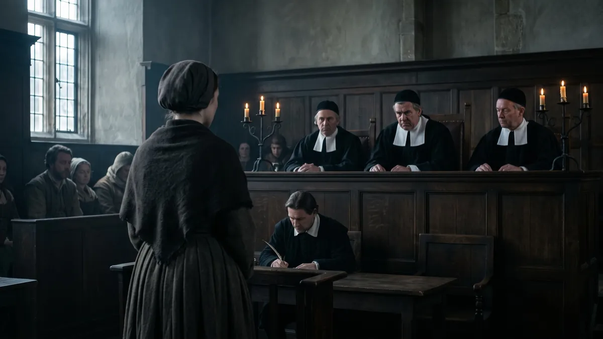 A woman standing before judges in a candlelit historical courtroom