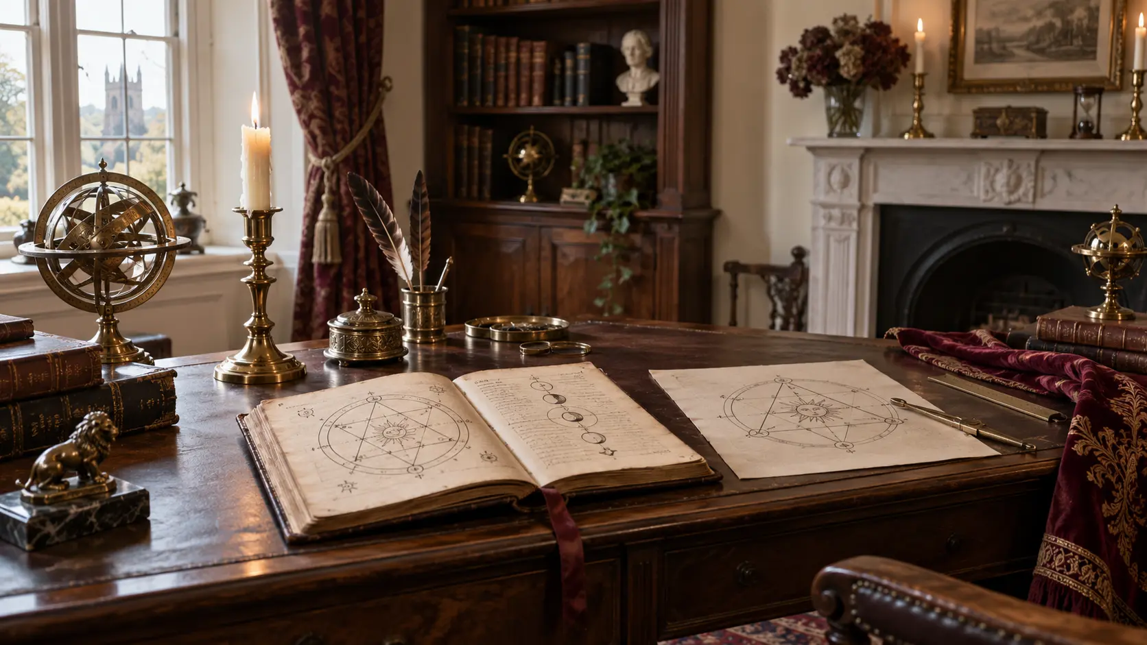 A Victorian ceremonial study with a brass telescope and an open ritual journal