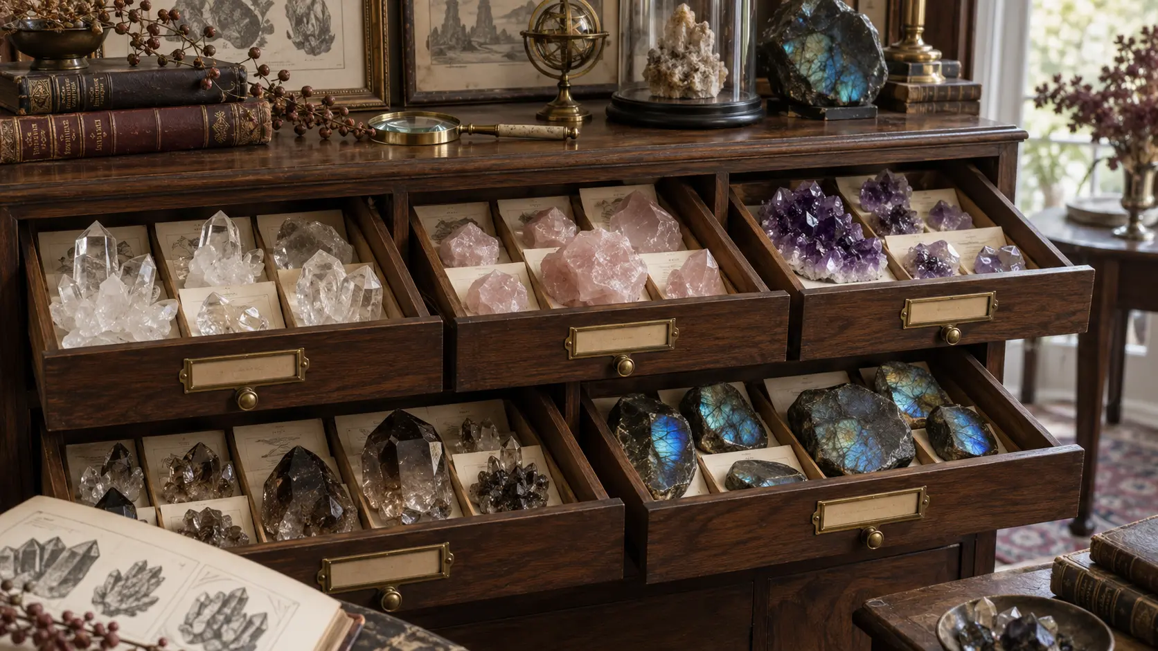 Quartz, amethyst and labradorite in a Victorian mineral cabinet