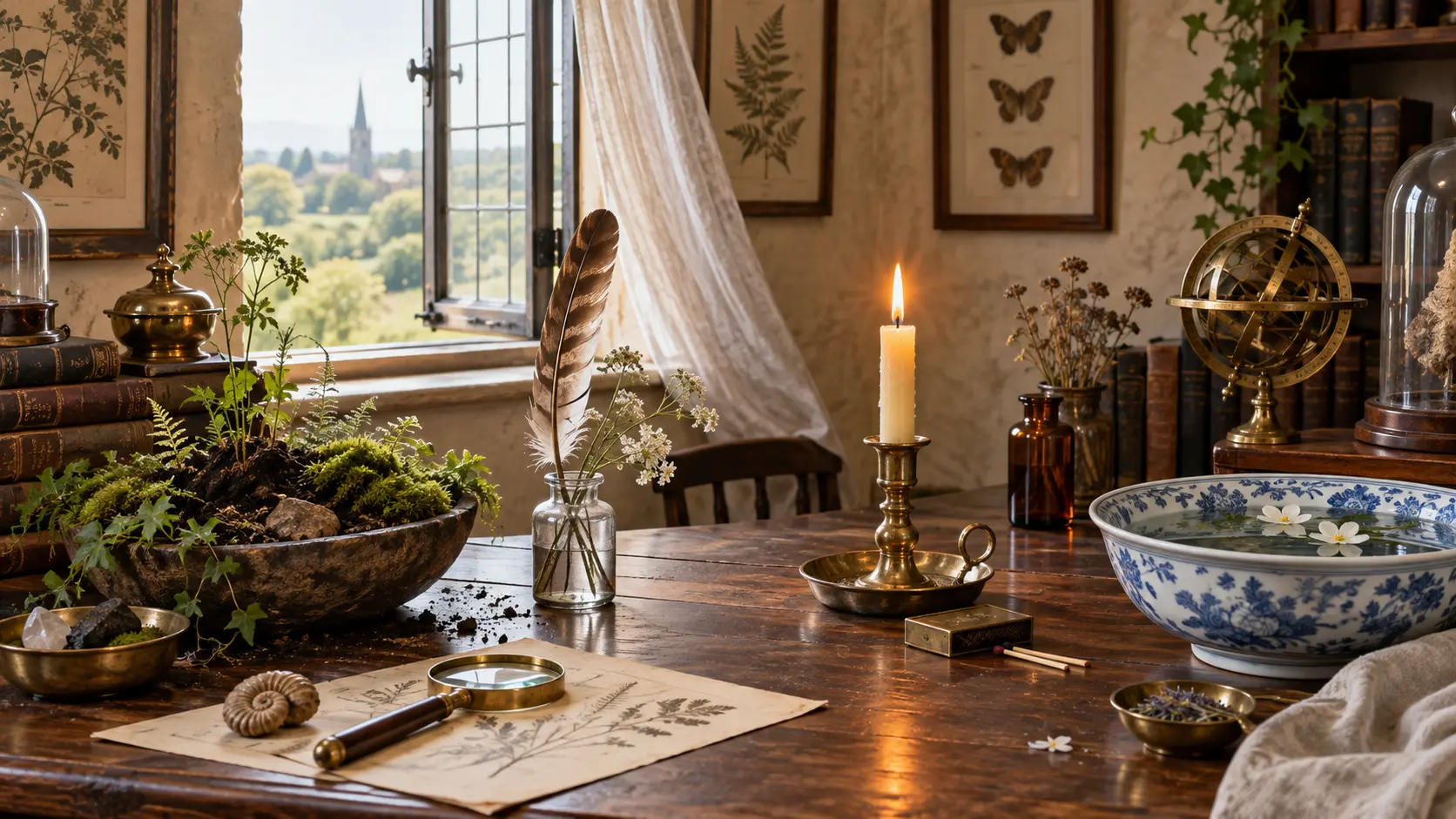 A Victorian naturalist's table arranged for earth, air, fire and water