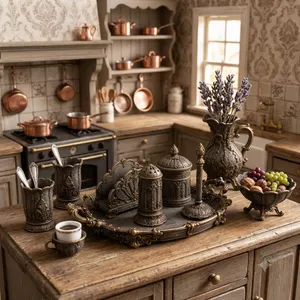 An old English cottage kitchen with copper pans and lavender