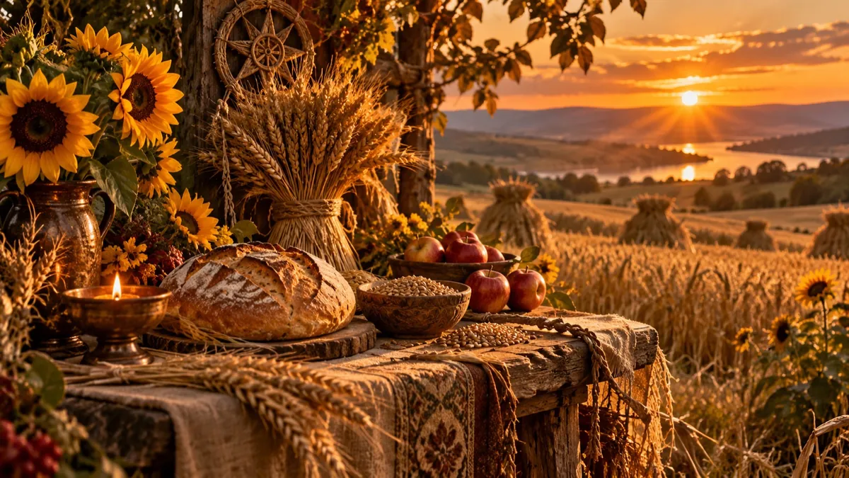 A golden harvest altar with bread, wheat and sunflowers at sunset