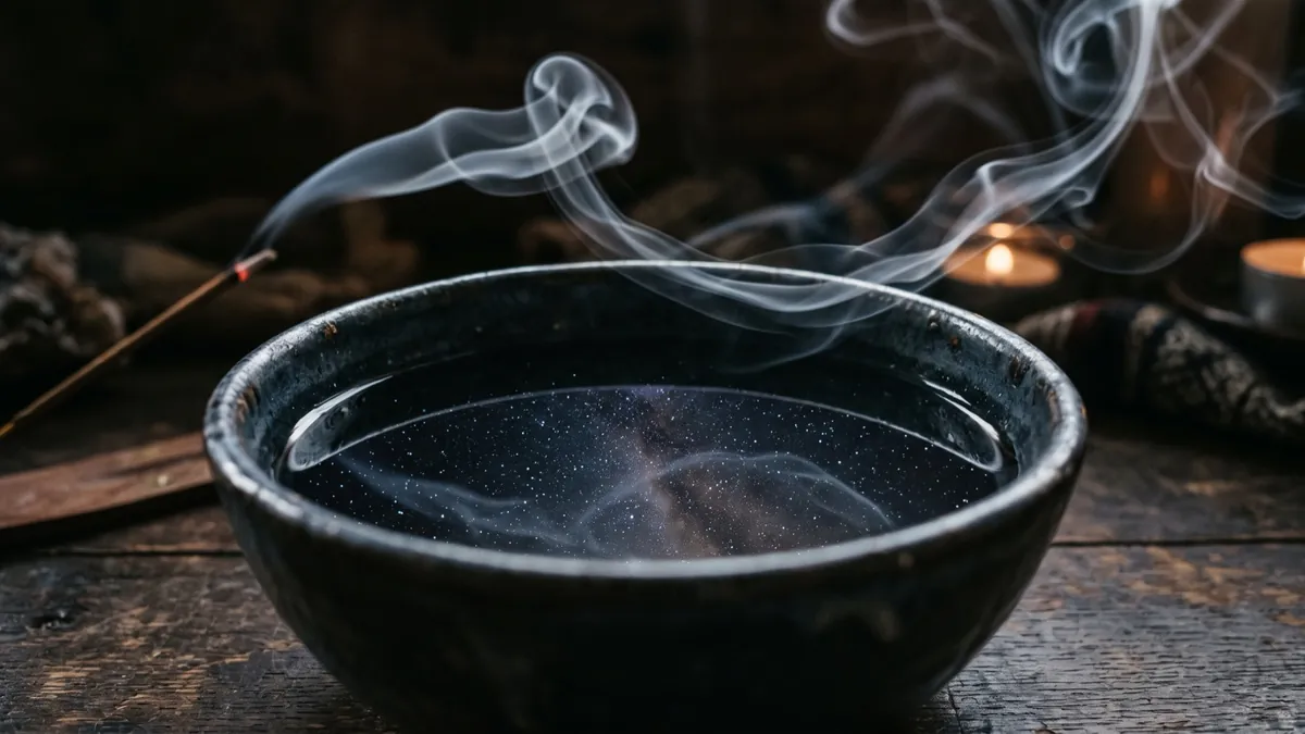 Incense smoke curling over a dark bowl of water reflecting stars