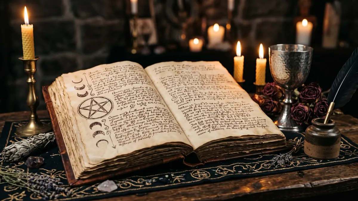 An open grimoire with a pentacle drawing, candles and a silver chalice