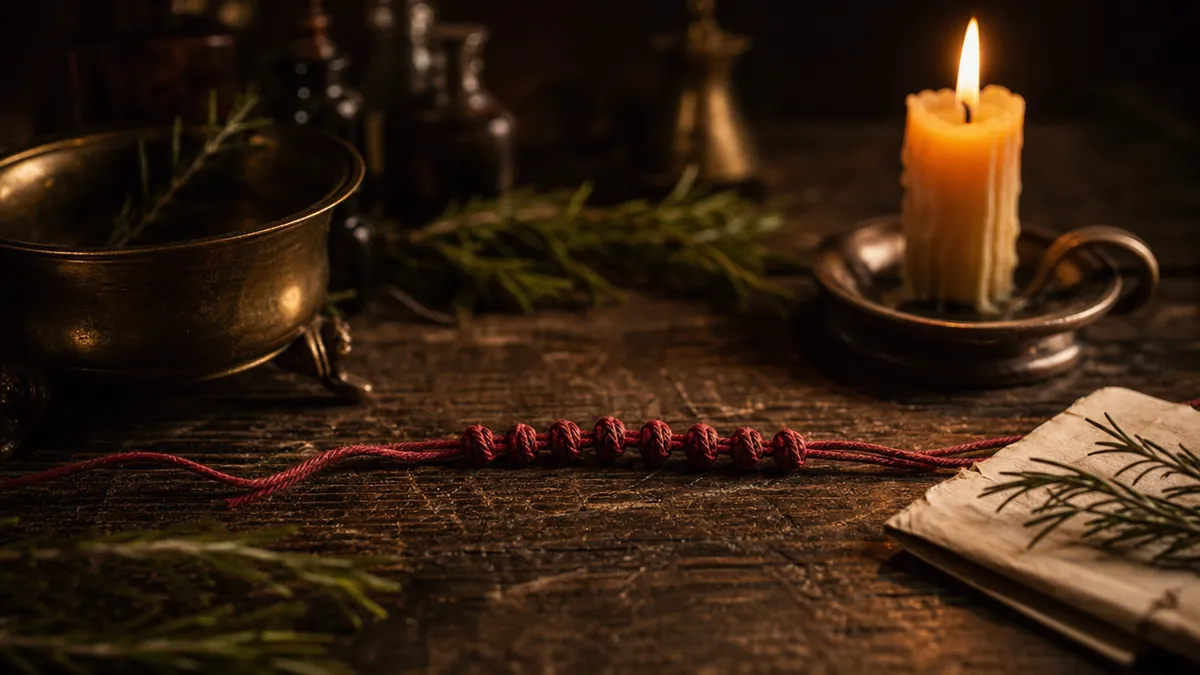 A red cord tied with nine knots beside a lit candle and rosemary