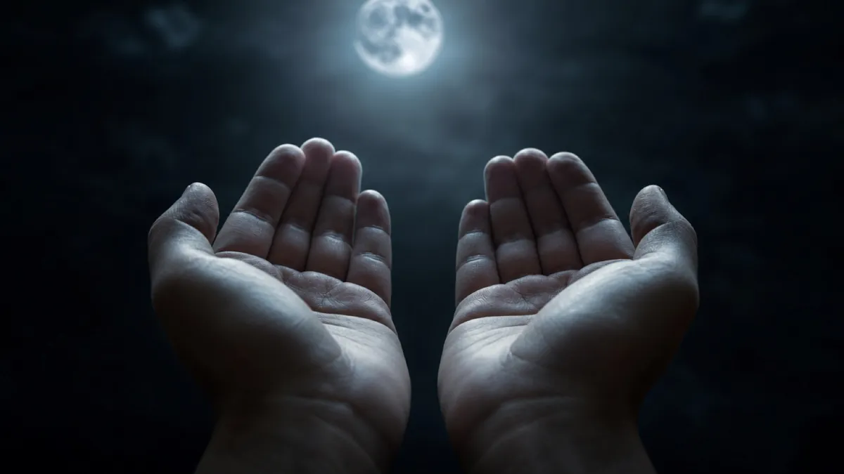 Two open hands raised toward a glowing full moon