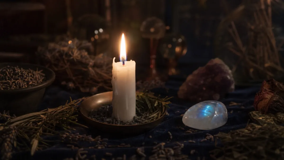 A lit white candle beside a moonstone and herbs on a dark altar cloth