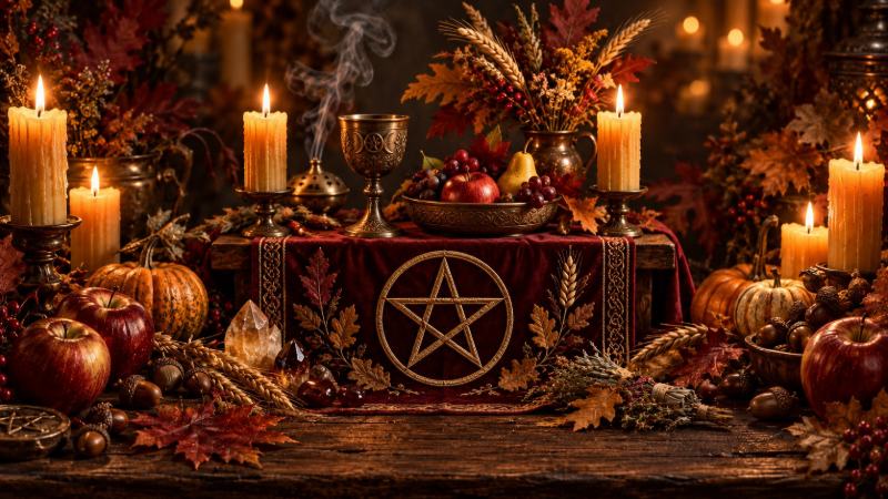A Mabon harvest altar with candles, autumn fruit and a pentacle cloth