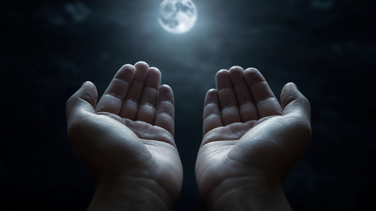 Two open hands raised toward a glowing full moon