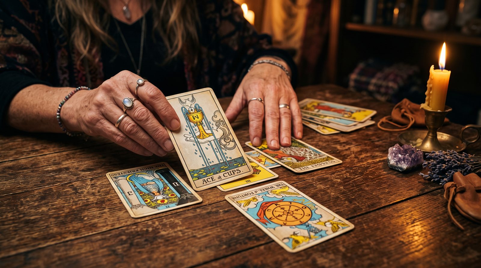 Tarot cards laid out by candlelight