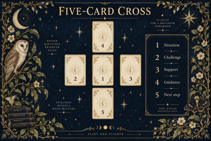 Five-Card Cross diagram — Situation, Challenge, Support, Guidance, Next step