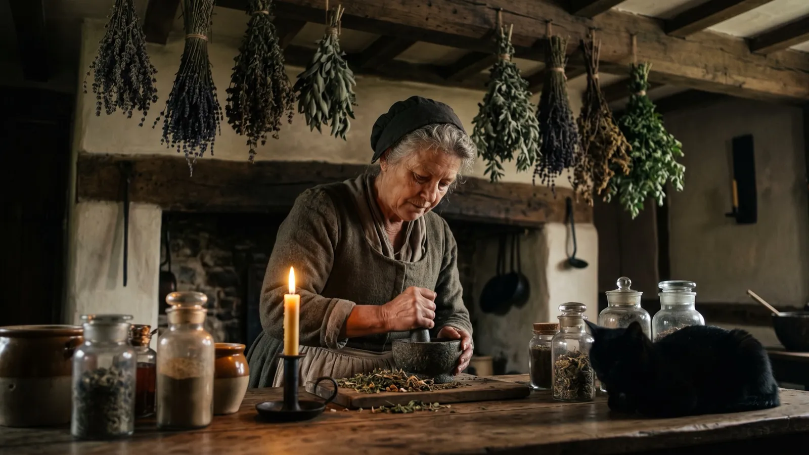 An old woman working with herbs and a candle in a cottage hung with drying bundles