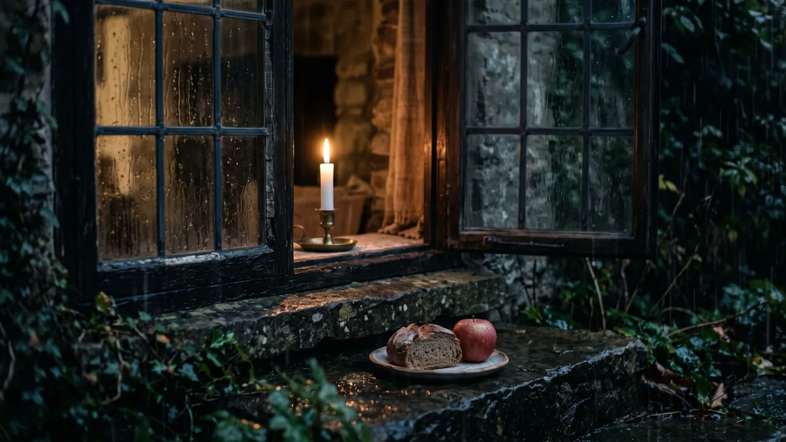A candle glowing in a farmhouse window beside bread and an apple left on the sill