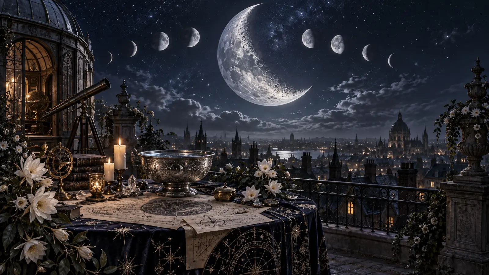 A crescent moon and moon phases over a moonlit terrace