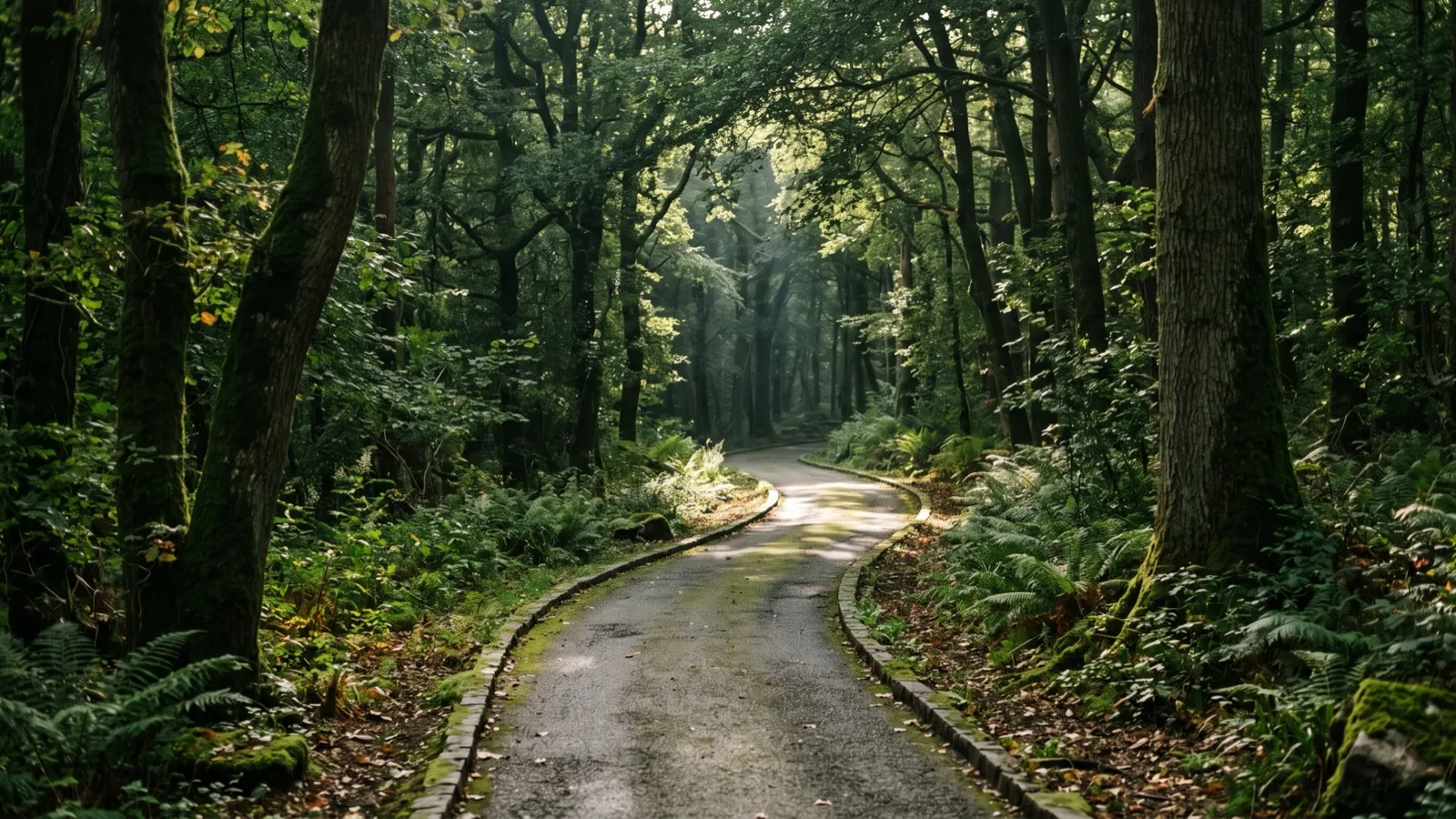 A quiet road winding through a green, fern-lined forest