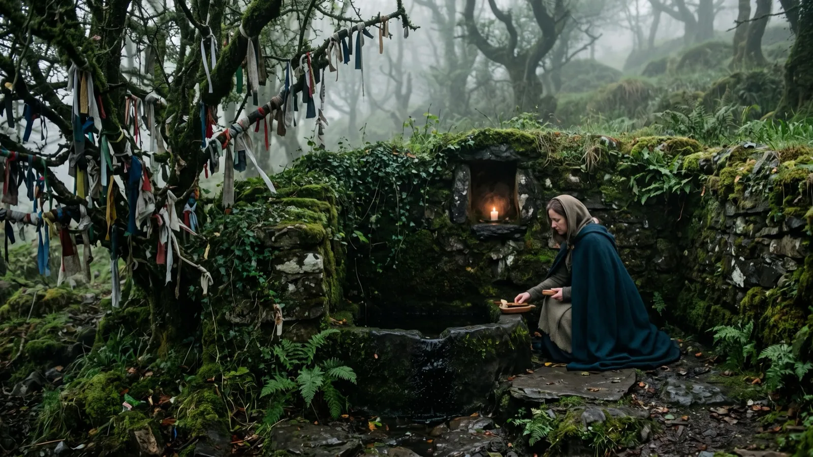 A cloaked figure leaving an offering at a mossy stone shrine in a misty forest hung with ribbons